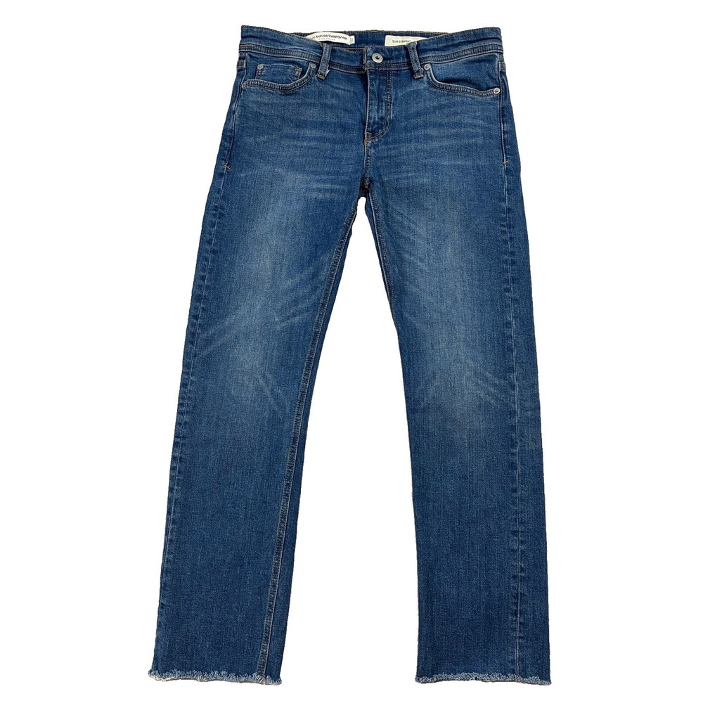 PILCRO Slim Straight Blue Raw Hem Medium Wash Blue Jeans Women 27 Model Off Duty